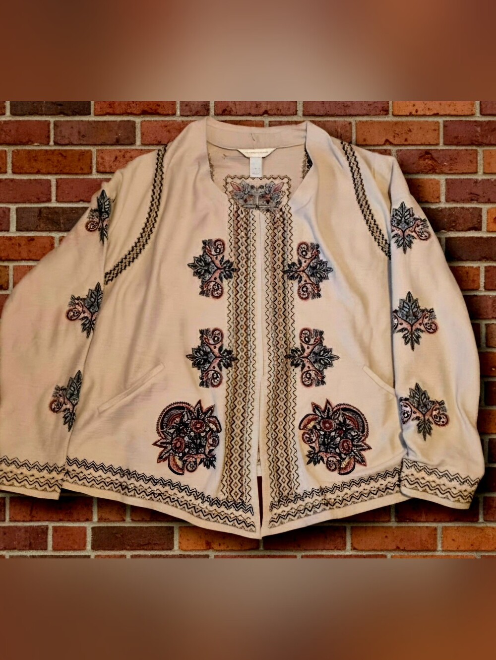 Christopher & Banks Cream Sweater Cardigan with Black, Yellow & Rust Embroidery